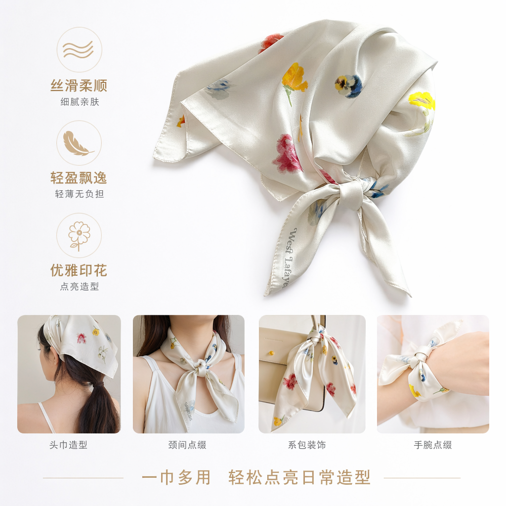 白色丝质方巾 彩色花卉图案 蝴蝶结系带图
