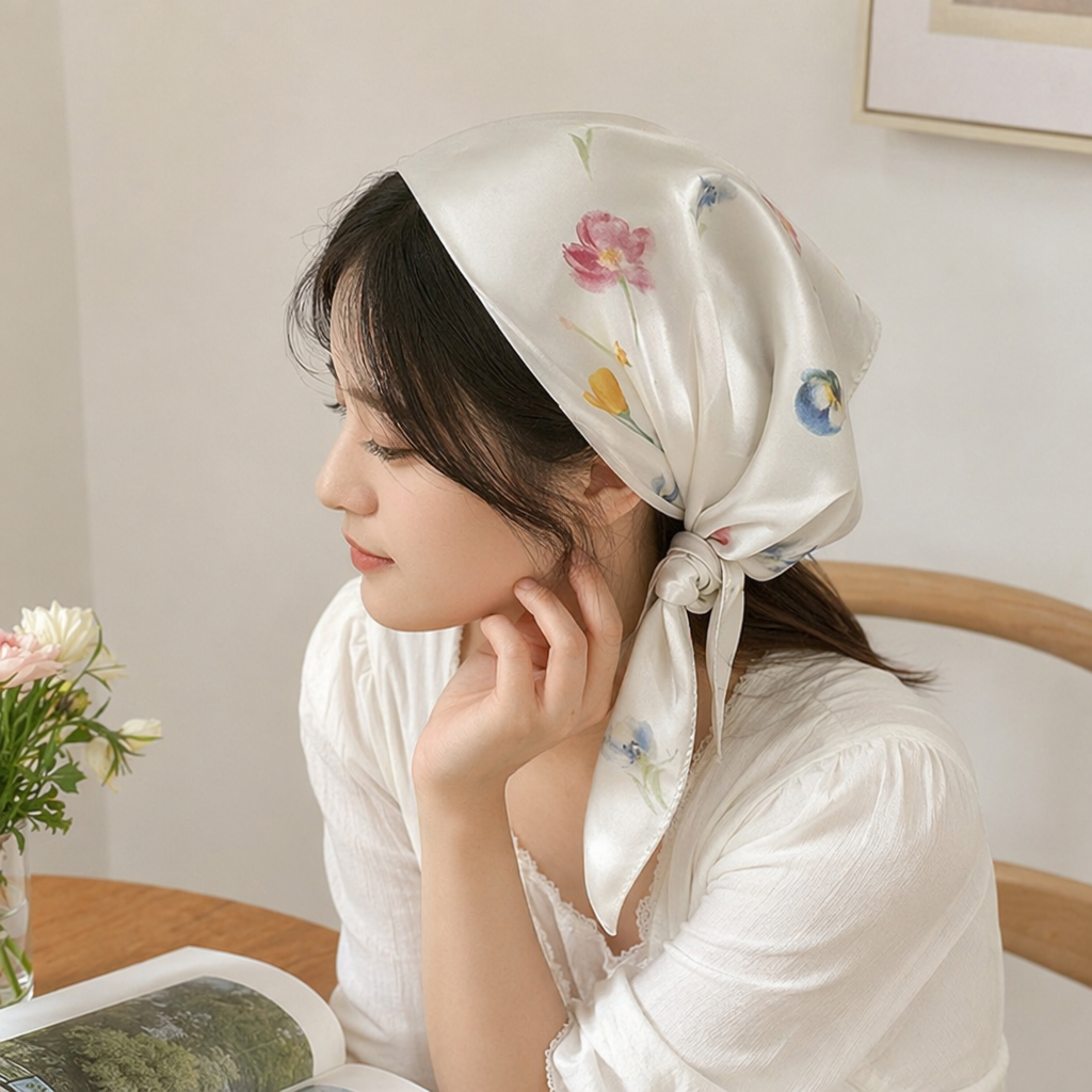 白色丝质方巾 彩色花卉图案 蝴蝶结系带产品图