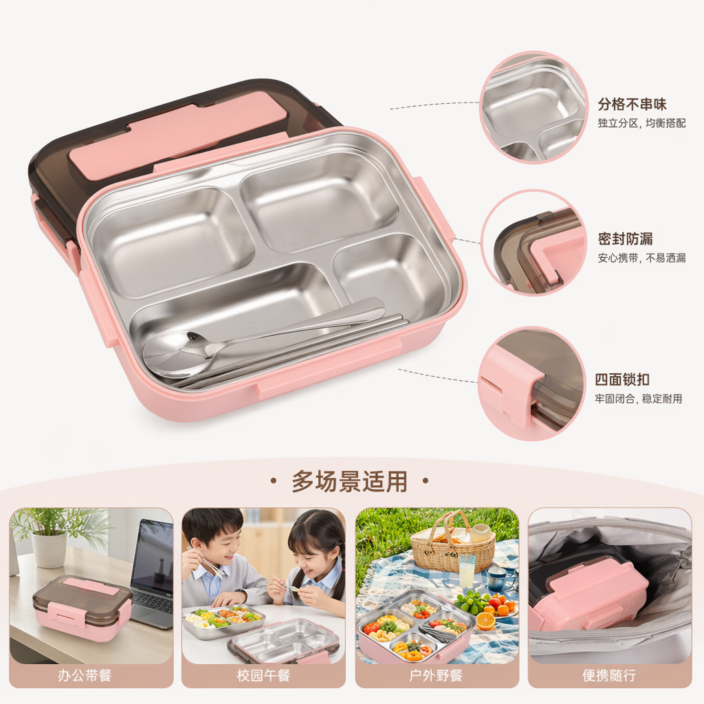 粉色分格饭盒便当盒家用上班族午餐盒密封保鲜可微波