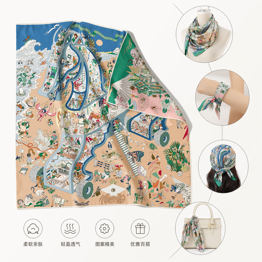 彩色插画丝巾 蓝色木马轮廓 海洋山峦场景 ACADEMIA HIPPICA