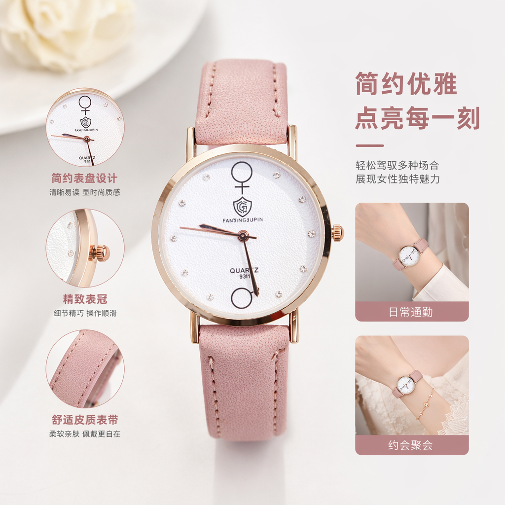 粉色皮质表带金色边框白色表盘女士手表