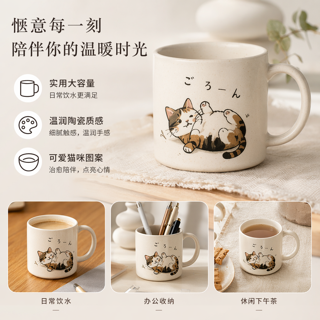 米白色陶瓷三花猫趴卧图案杯 ごろーん日文款 350ml