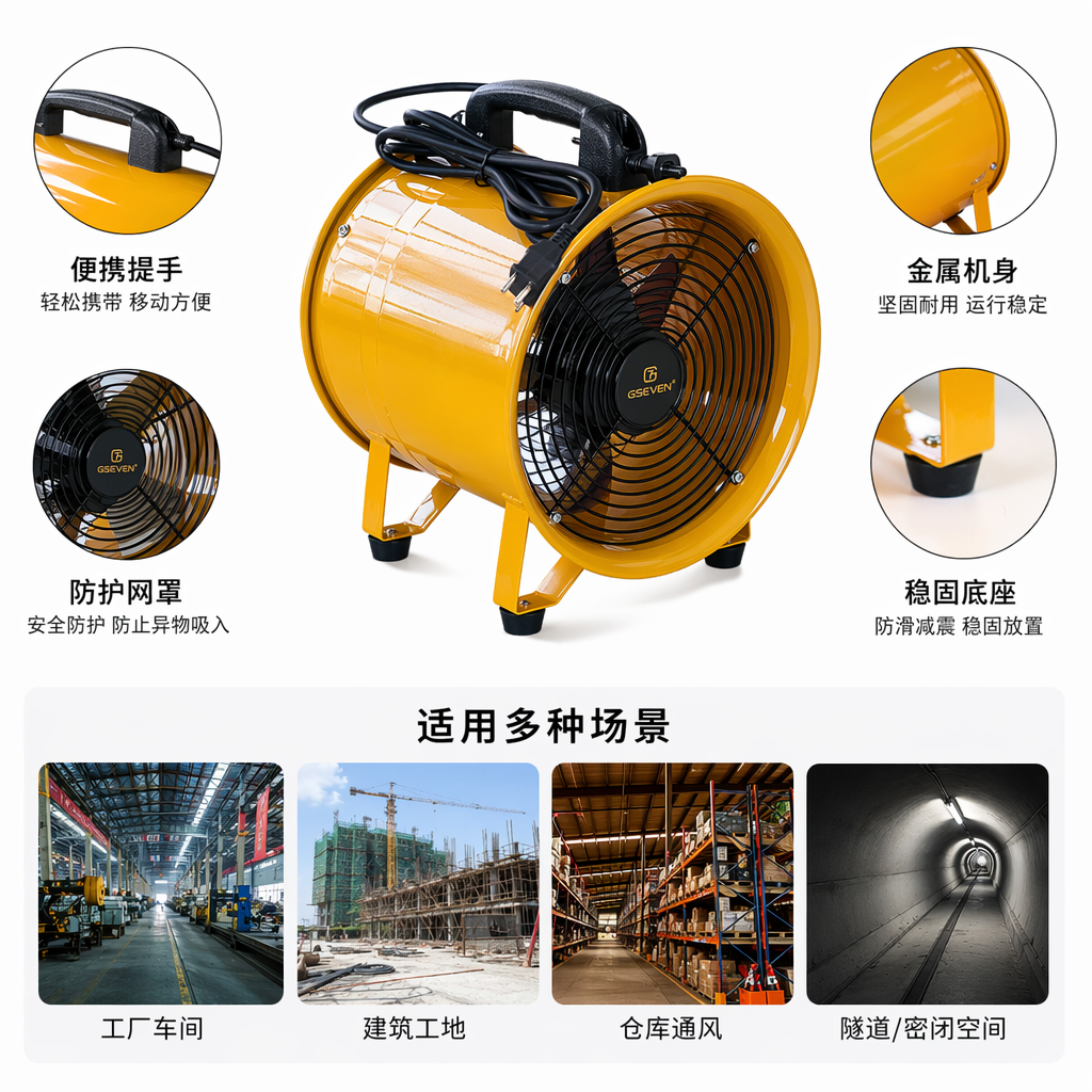 Yellow industrial fan, high-volume floor fan, powerful cooling for both household and commercial use