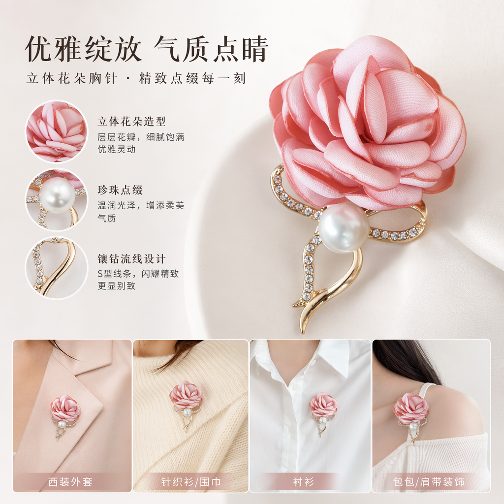 粉色绢花胸针 女士优雅复古装饰配饰 仿真花别针