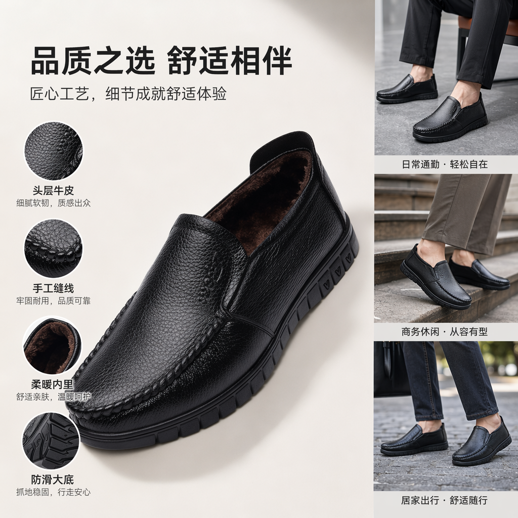 黑色皮质休闲鞋男女士百搭软底轻便透气时尚款