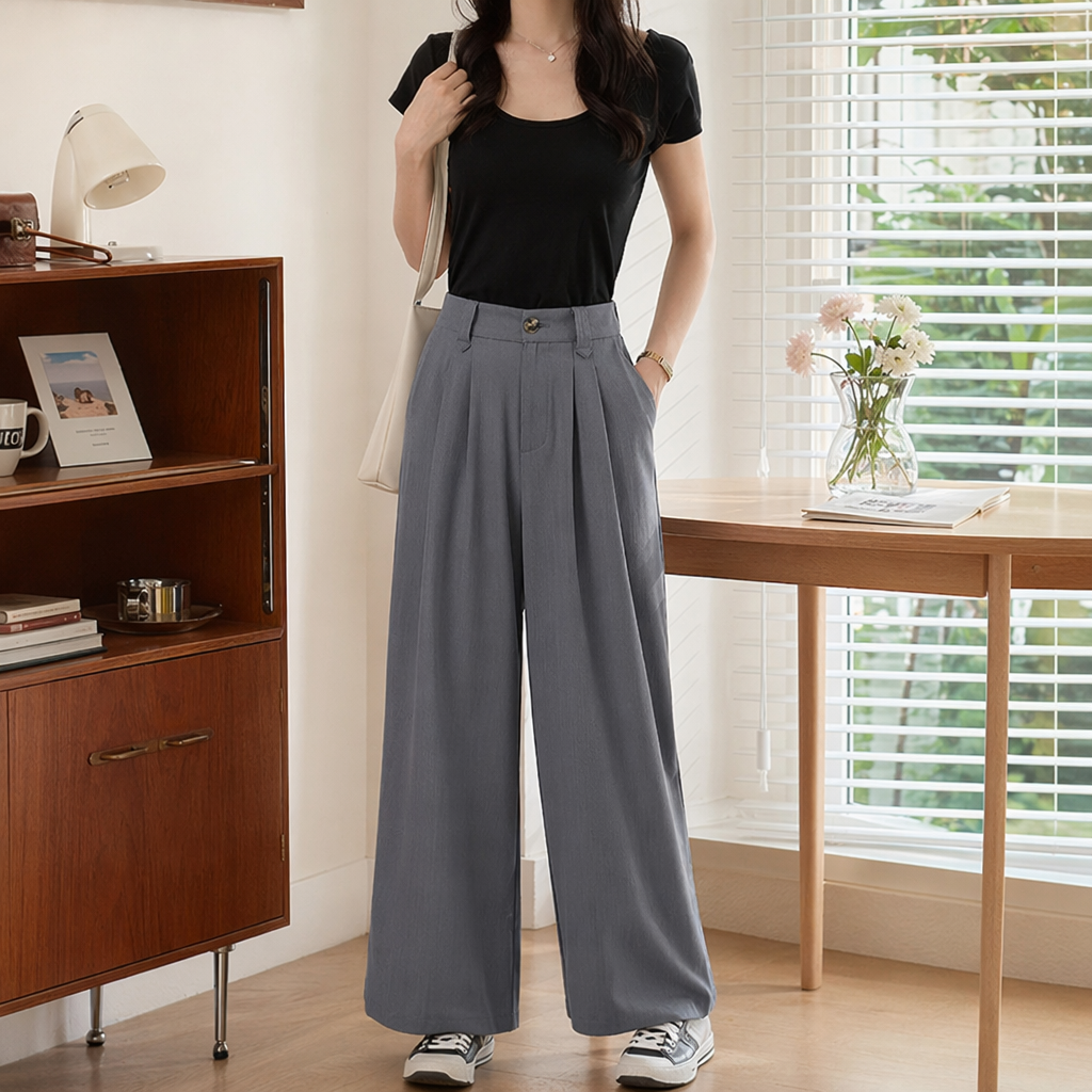 Grey high-waisted wide-leg pants with a flowing feel are casual, slimming and versatile women's pants details Picture