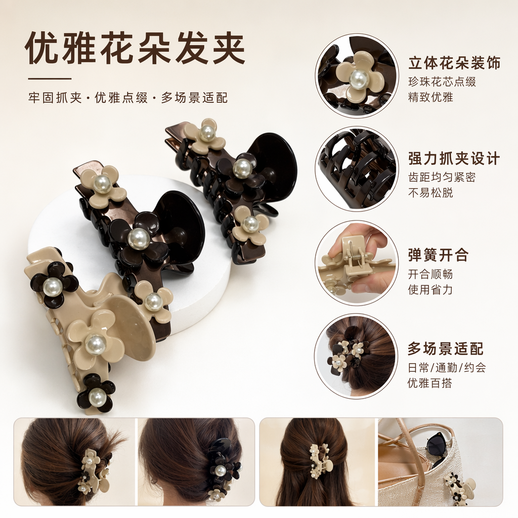 棕色米色花朵珍珠发夹 女士优雅复古侧边夹发饰
