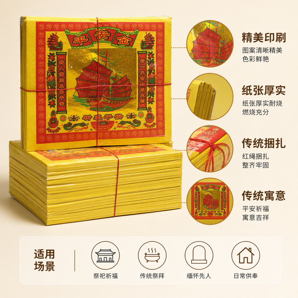 黄色金纸包平安金祈求平安宝船龙纹祭祀纸红绳捆扎透明膜
