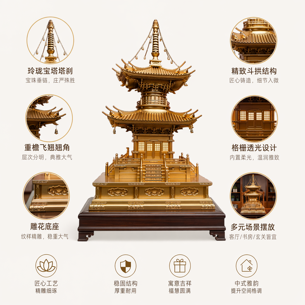 金色多层塔式建筑模型创意家居装饰摆件精致工艺收藏