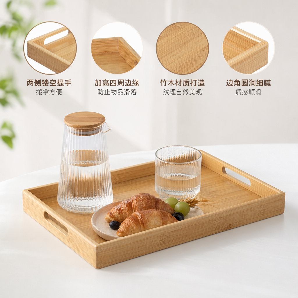 浅色竹制托盘家用简约茶几收纳盘天然环保