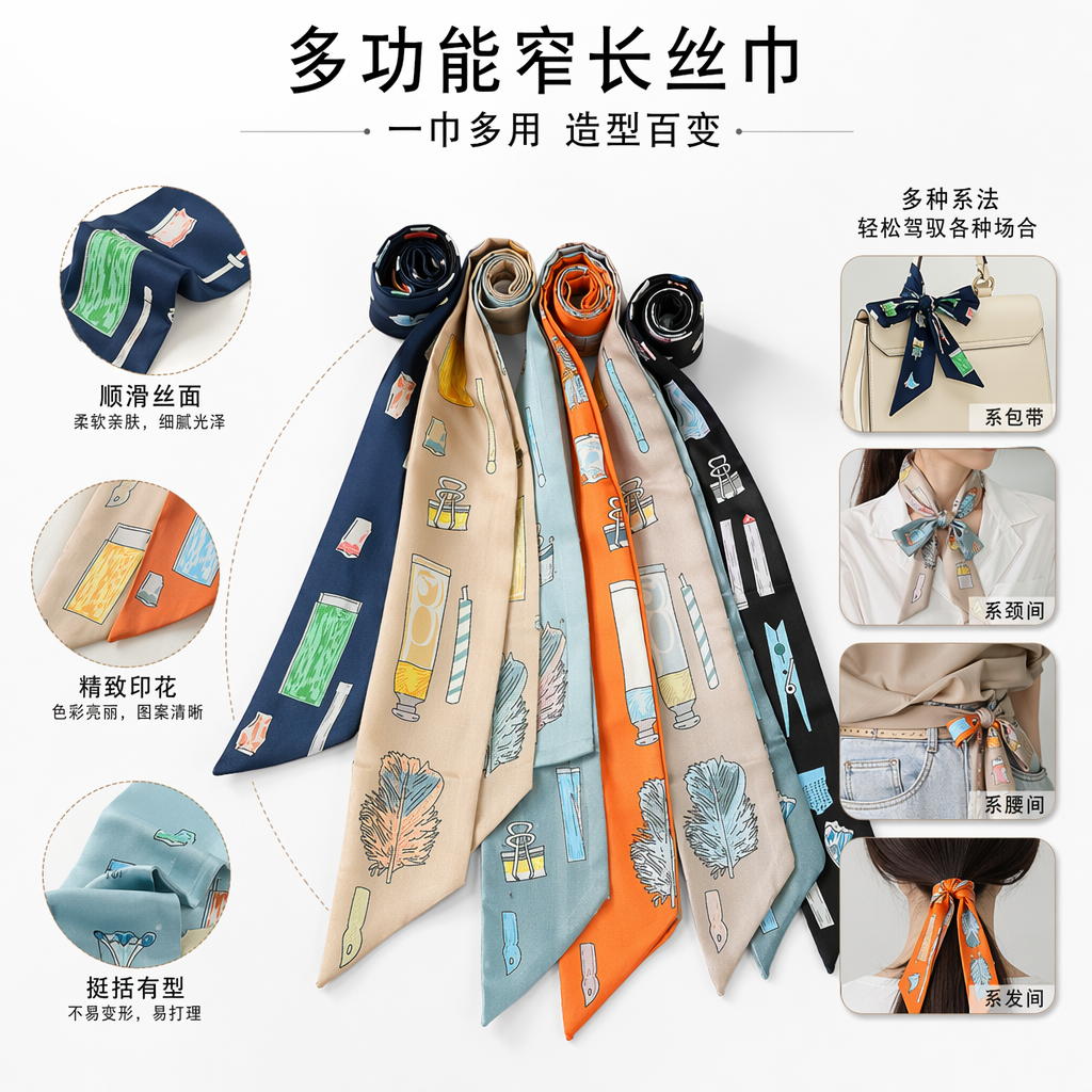 彩色丝巾五色套装深蓝米色橙浅蓝纯黑背景文具插画羽毛回形针试管蜡烛笔尖木夹图