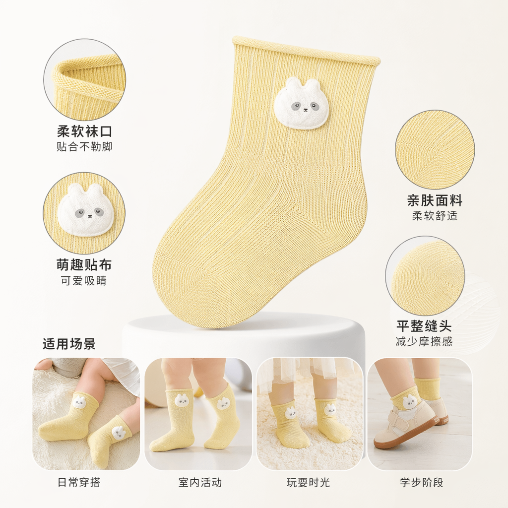Light yellow baby socks with a little rabbit decoration at the top, made of pure cotton, soft and anti-slip