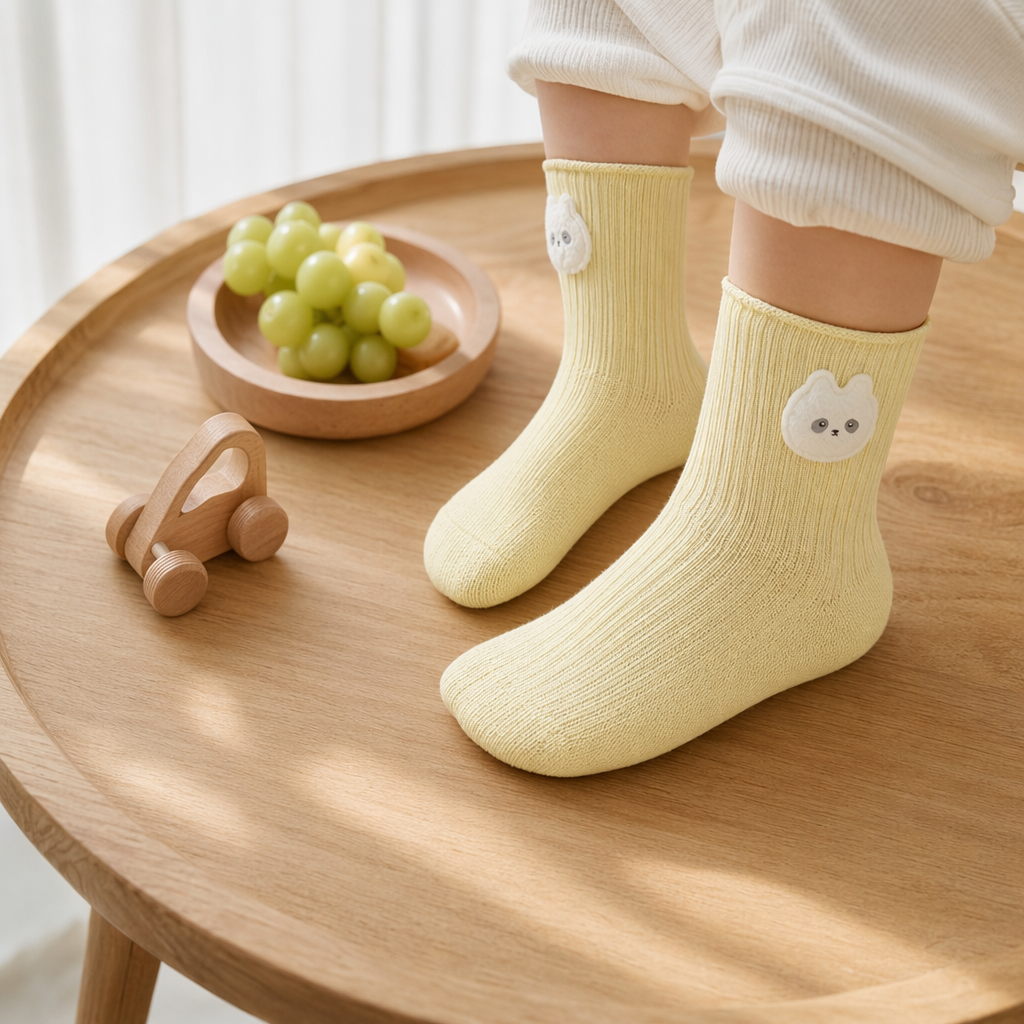 Light yellow baby socks with a little rabbit decoration at the top, made of pure cotton, soft and anti-slip details Picture
