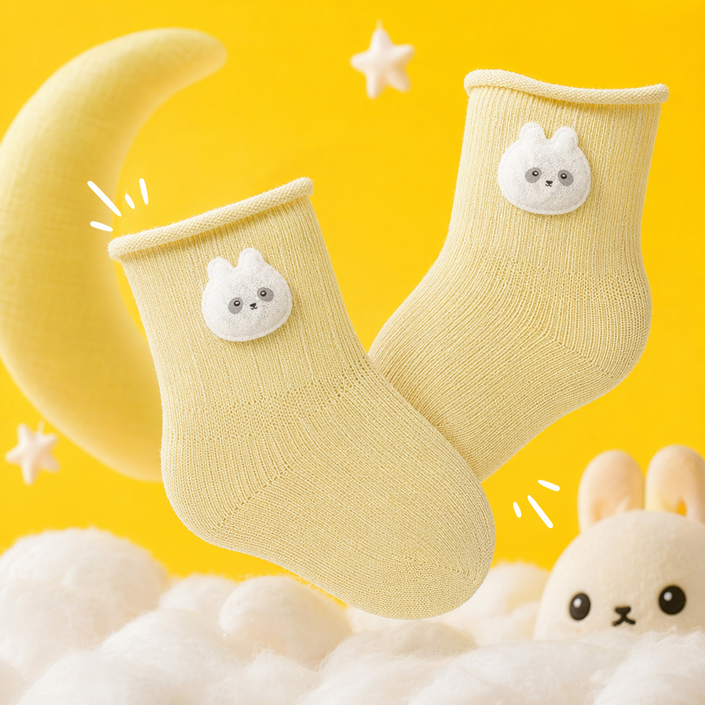 Light yellow baby socks with a little rabbit decoration at the top, made of pure cotton, soft and anti-slip Specification image