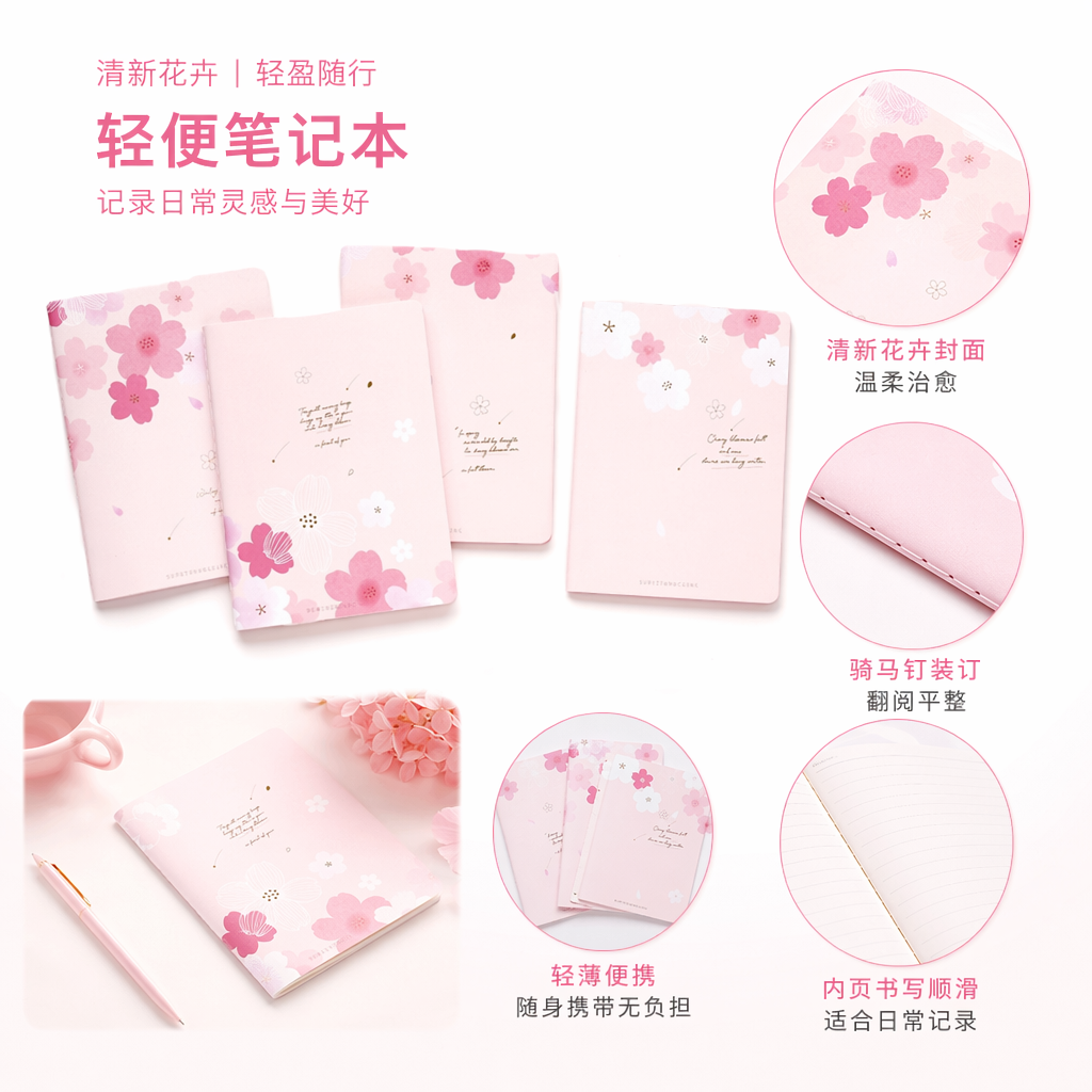 粉色樱花主题A6车线本简约文艺手账笔记本图