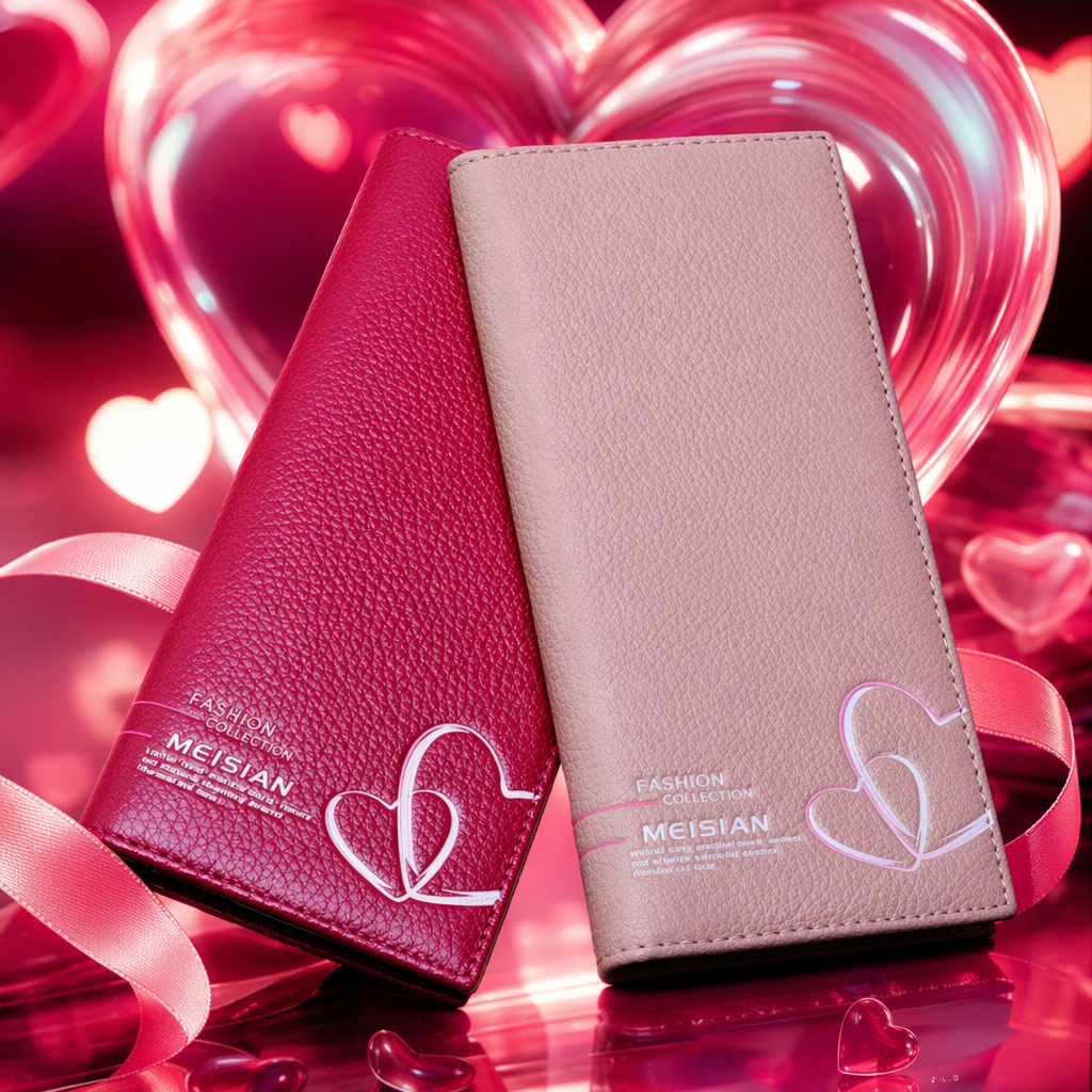 Pink and rose red double heart-shaped pattern wallet Specification image