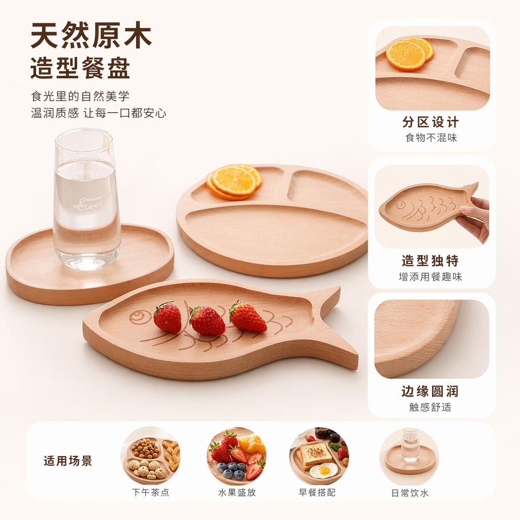 木质鱼形托盘配草莓家用创意果盘厨房摆盘餐具
