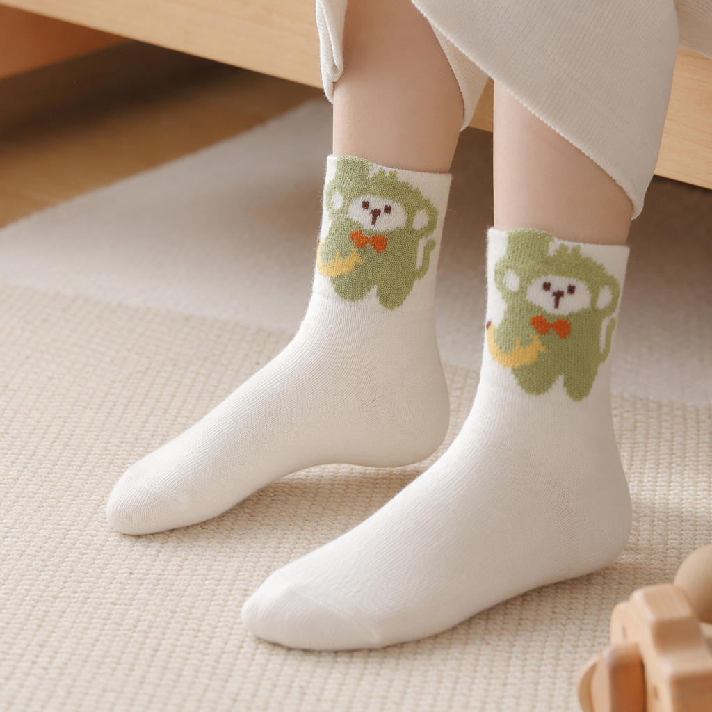 Off-White Socks, Green Monkey Pattern Pure Cotton Mid-Calf Socks, Unisex details Picture
