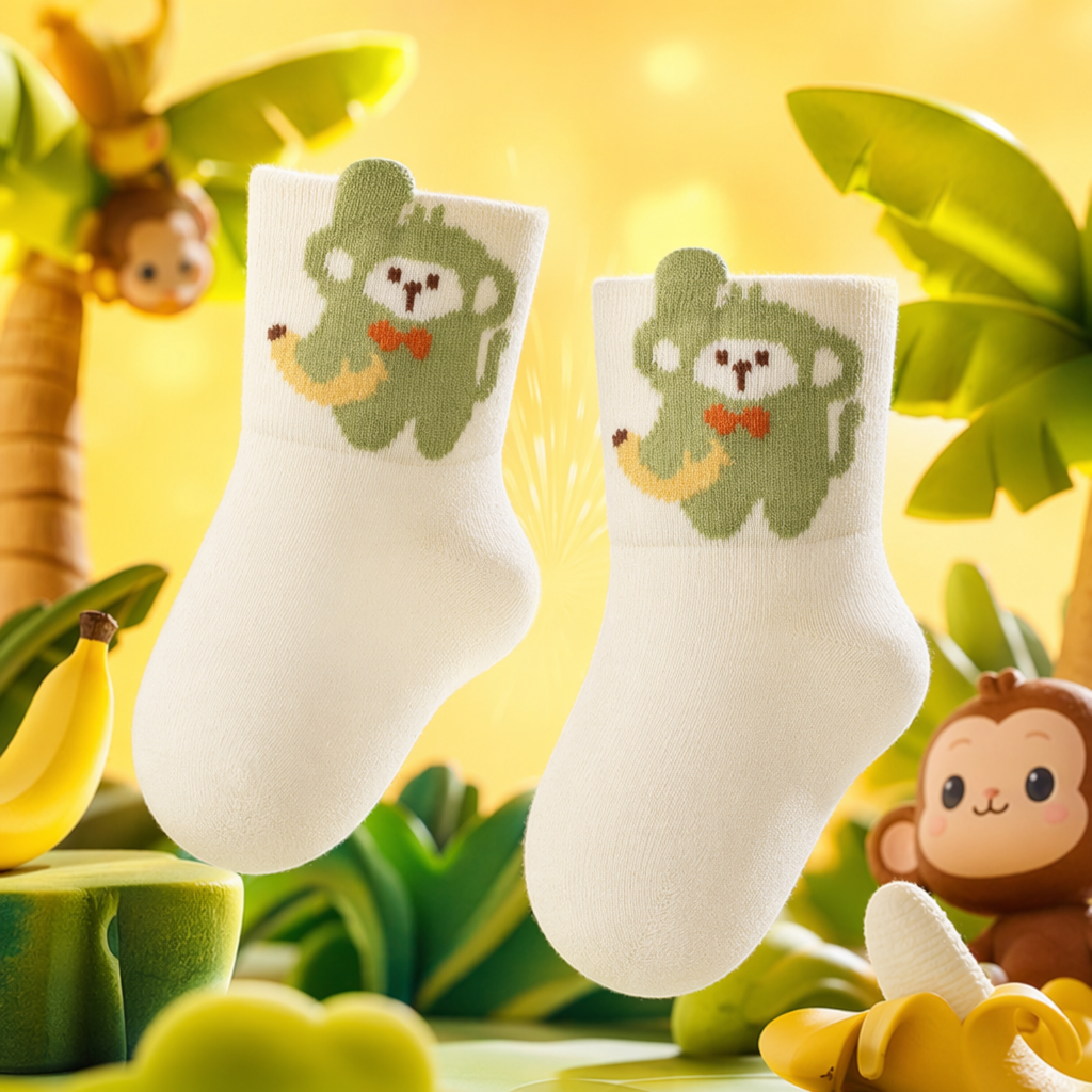 Off-White Socks, Green Monkey Pattern Pure Cotton Mid-Calf Socks, Unisex Specification drawing