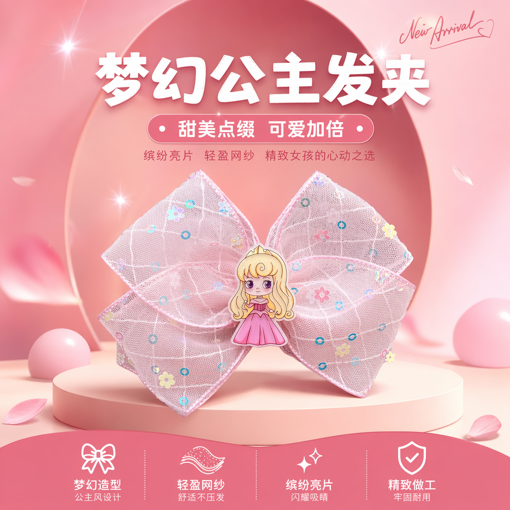 粉色蝴蝶结发夹+小女孩细节图