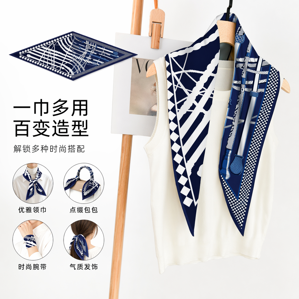 深蓝色几何图案真丝丝巾女士春夏围巾轻薄透气
