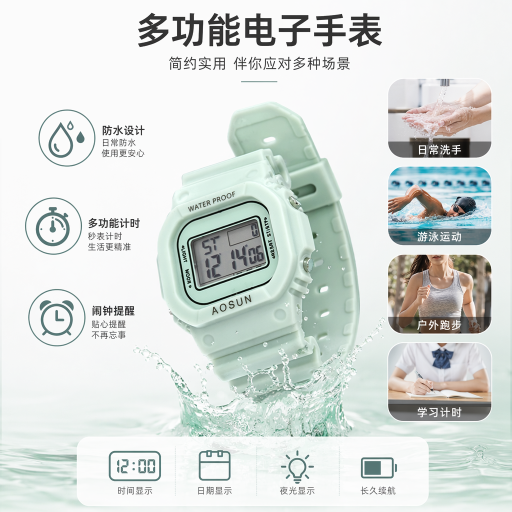 浅绿色电子手表男士简约时尚石英表防水夜光