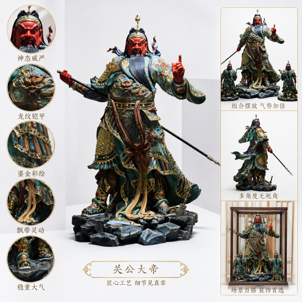 彩色龙袍武将陶瓷雕像摆件客厅玄关装饰品