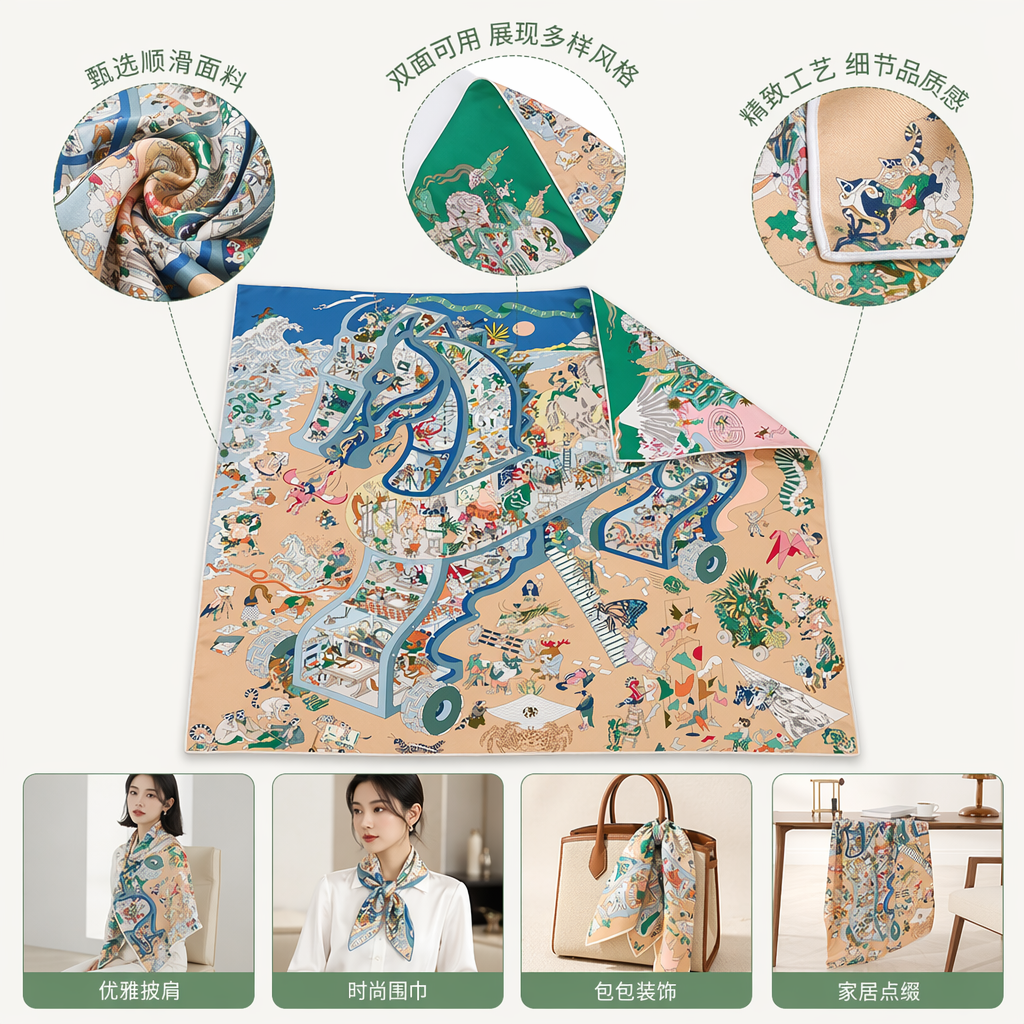彩色插画丝巾 蓝边镂空木马造型 海洋山峦背景 ACADEMIA HIPPICA