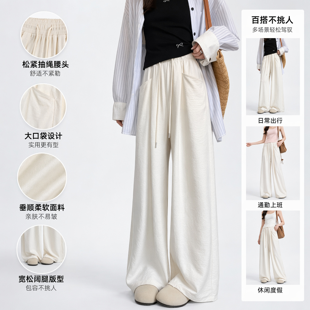 The off-white wide-leg pants of a female model in real photos show a slimming and flowing casual long pants
