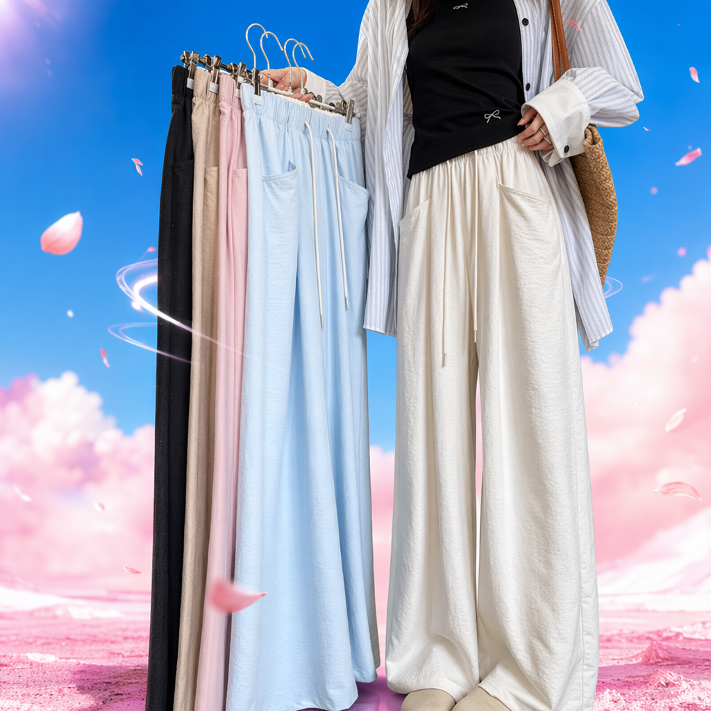 The off-white wide-leg pants of a female model in real photos show a slimming and flowing casual long pants Specification image