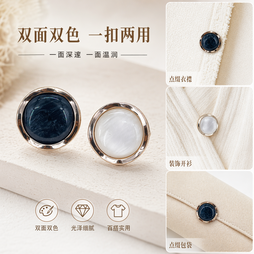玫瑰金边圆形宝石扣件 左侧深蓝带纹路 右侧乳白猫眼效