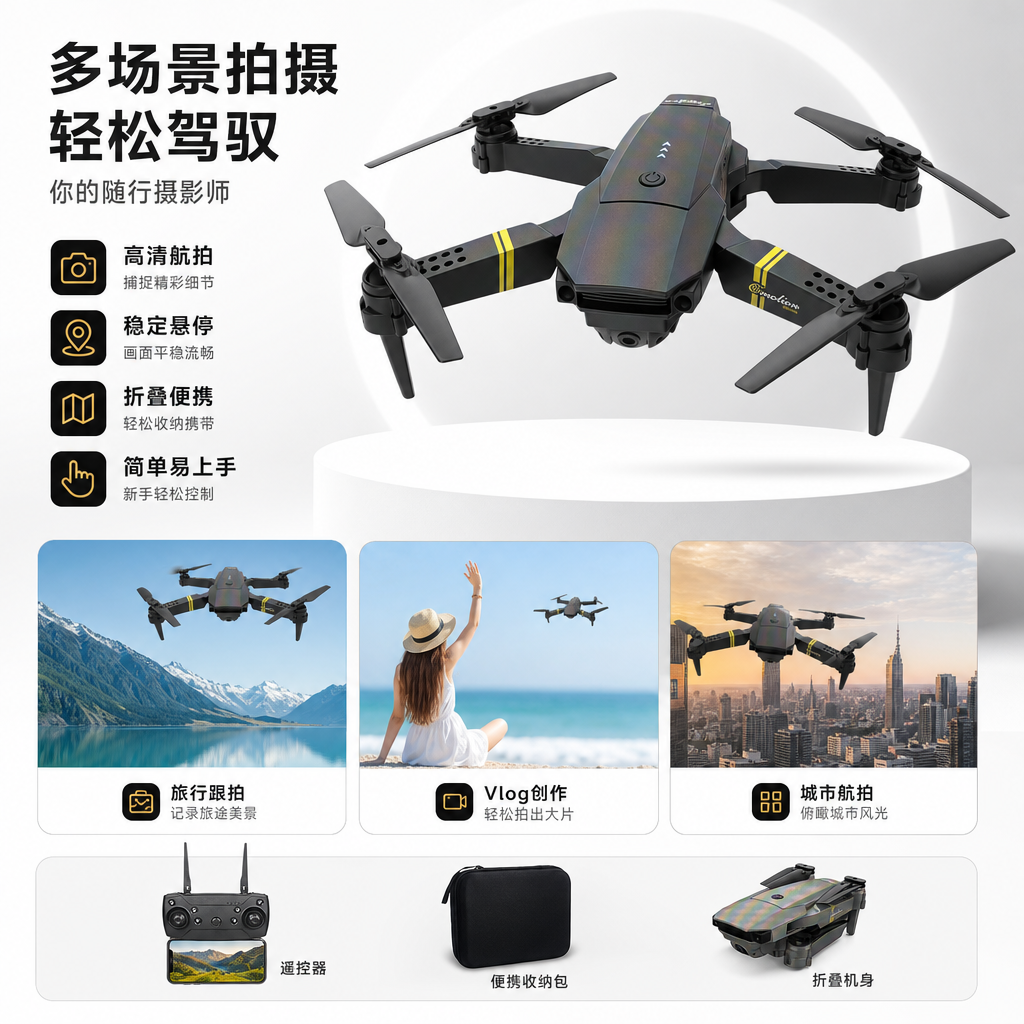 黑色折叠无人机 轻便便携航拍器 4K高清智能返航