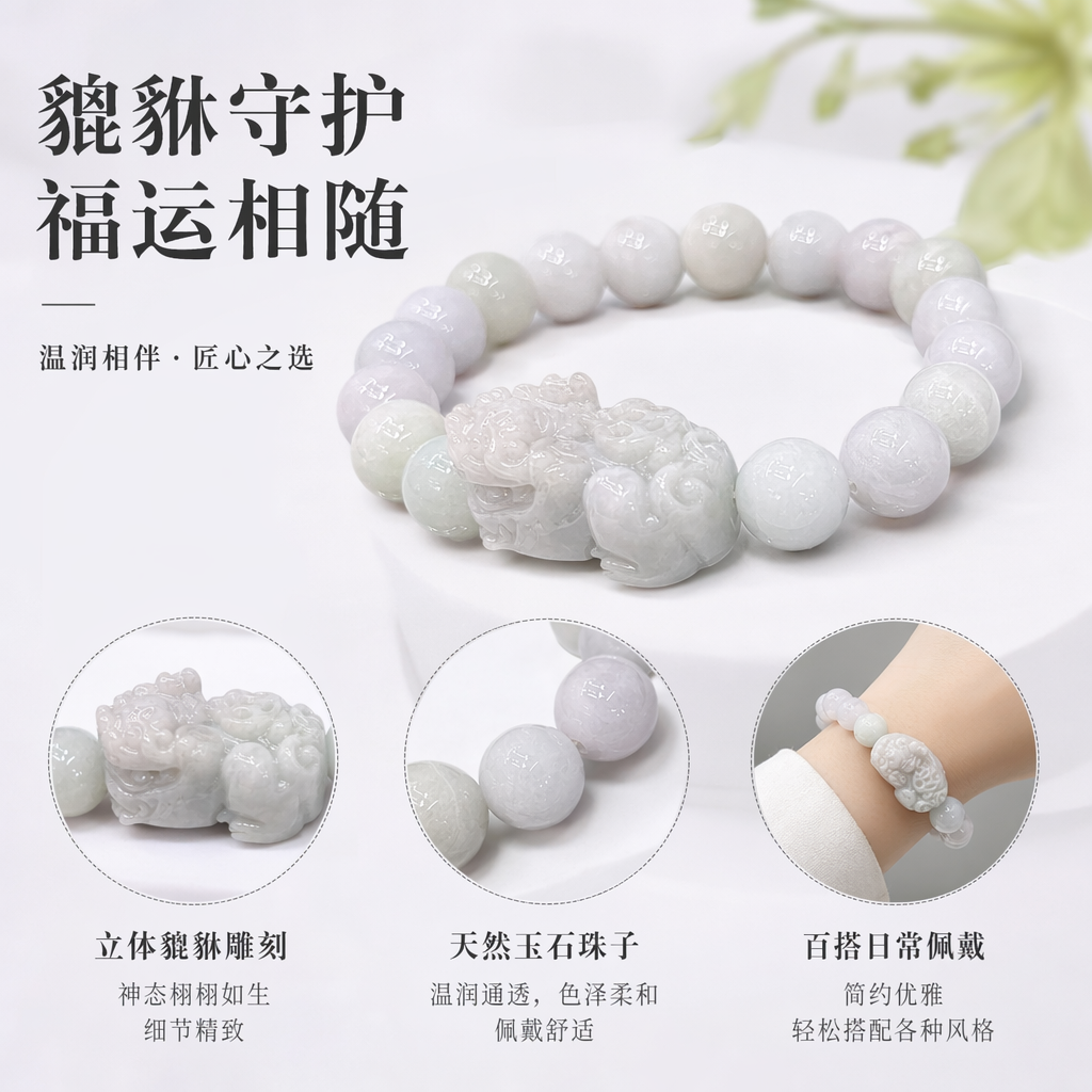 白色貔貅手串和田玉籽料圆珠款招财纳福日常佩戴
