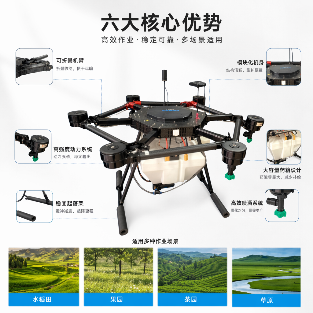 黑色六旋翼植保无人机农业喷洒作业高效稳定续航长