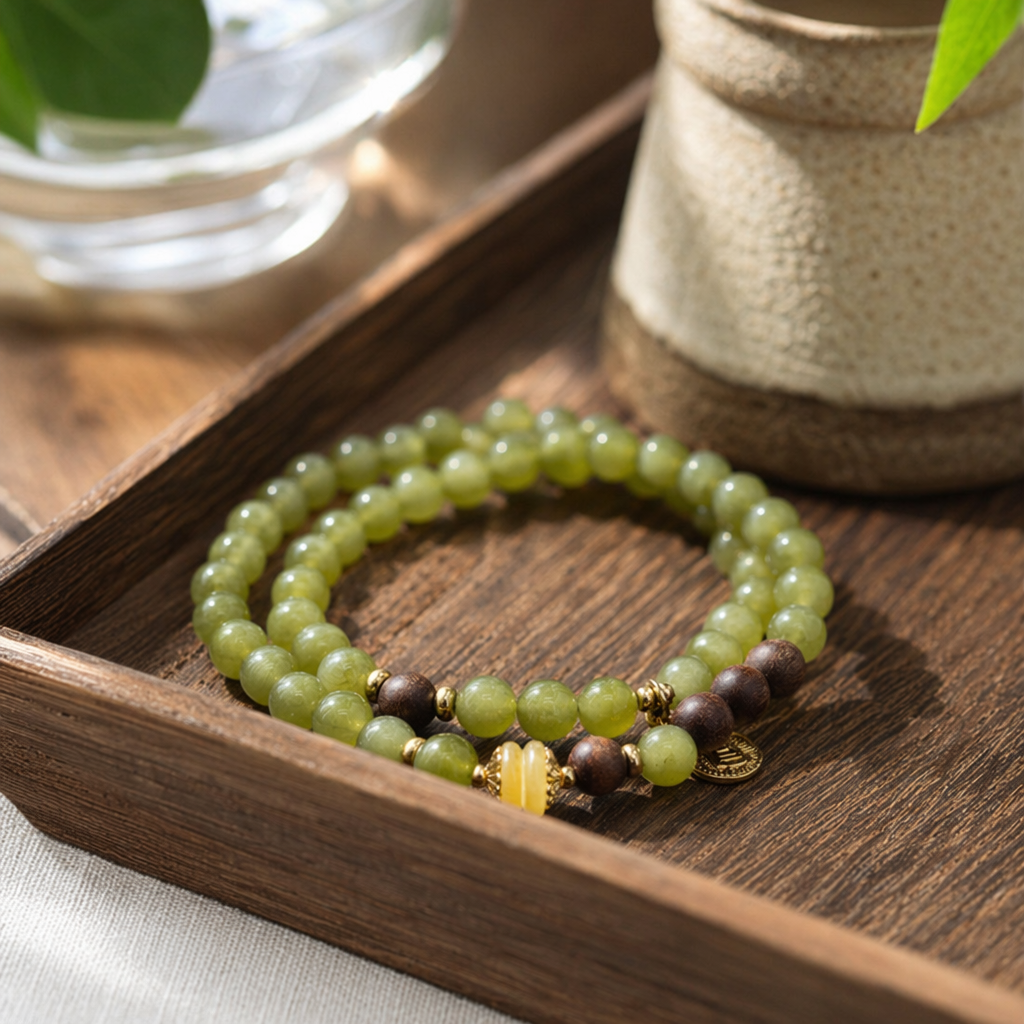Green beaded bracelet with natural jade beads, a simple and fashionable accessory for women details Picture