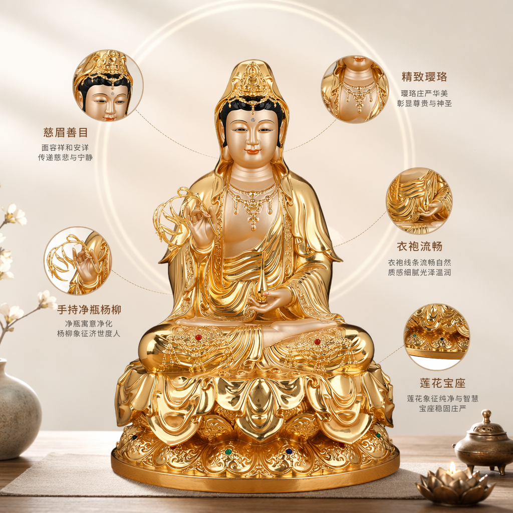 金色观音菩萨雕像家居摆件客厅佛堂供奉装饰品