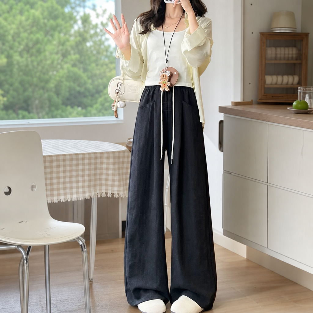 Black wide-leg pants for women, high-waisted and slimming casual pants, the same style for models details Picture