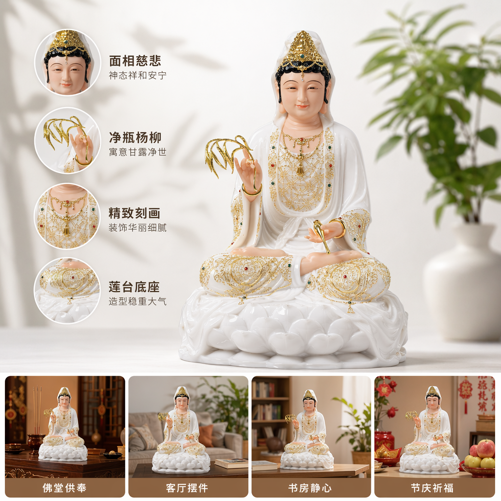 白色观音像家居摆件陶瓷佛像客厅玄关装饰