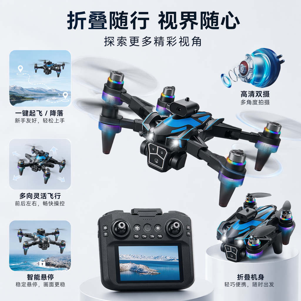 The blue-black drone with a screen and remote control integrated high-definition video transmission ensures stable flight