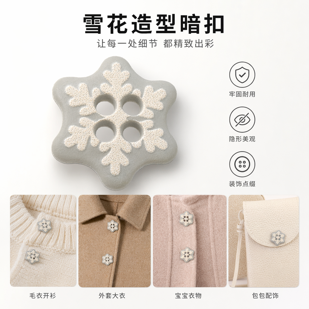 灰色雪花形纽扣 白色闪光雪花图案 四孔设计