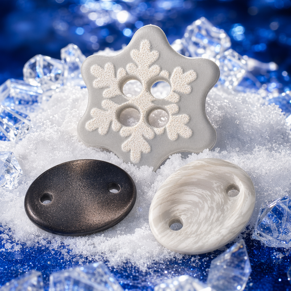 灰色雪花形纽扣，带有白色闪光雪花图案和四个孔洞细节图