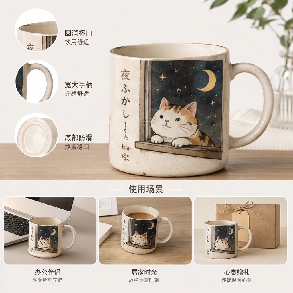 米白色陶瓷猫咪望月插画杯夜ふかし日文款