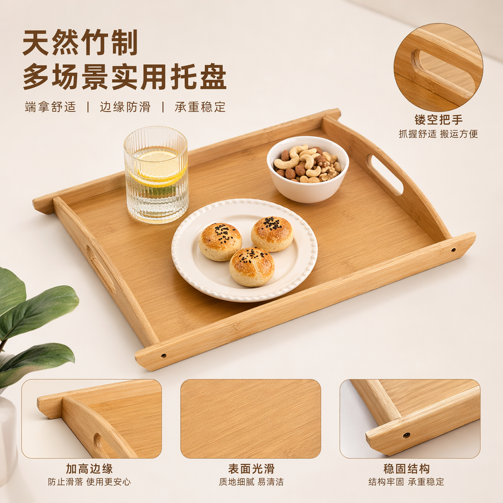 浅色竹制双耳托盘天然环保家用茶几收纳盘