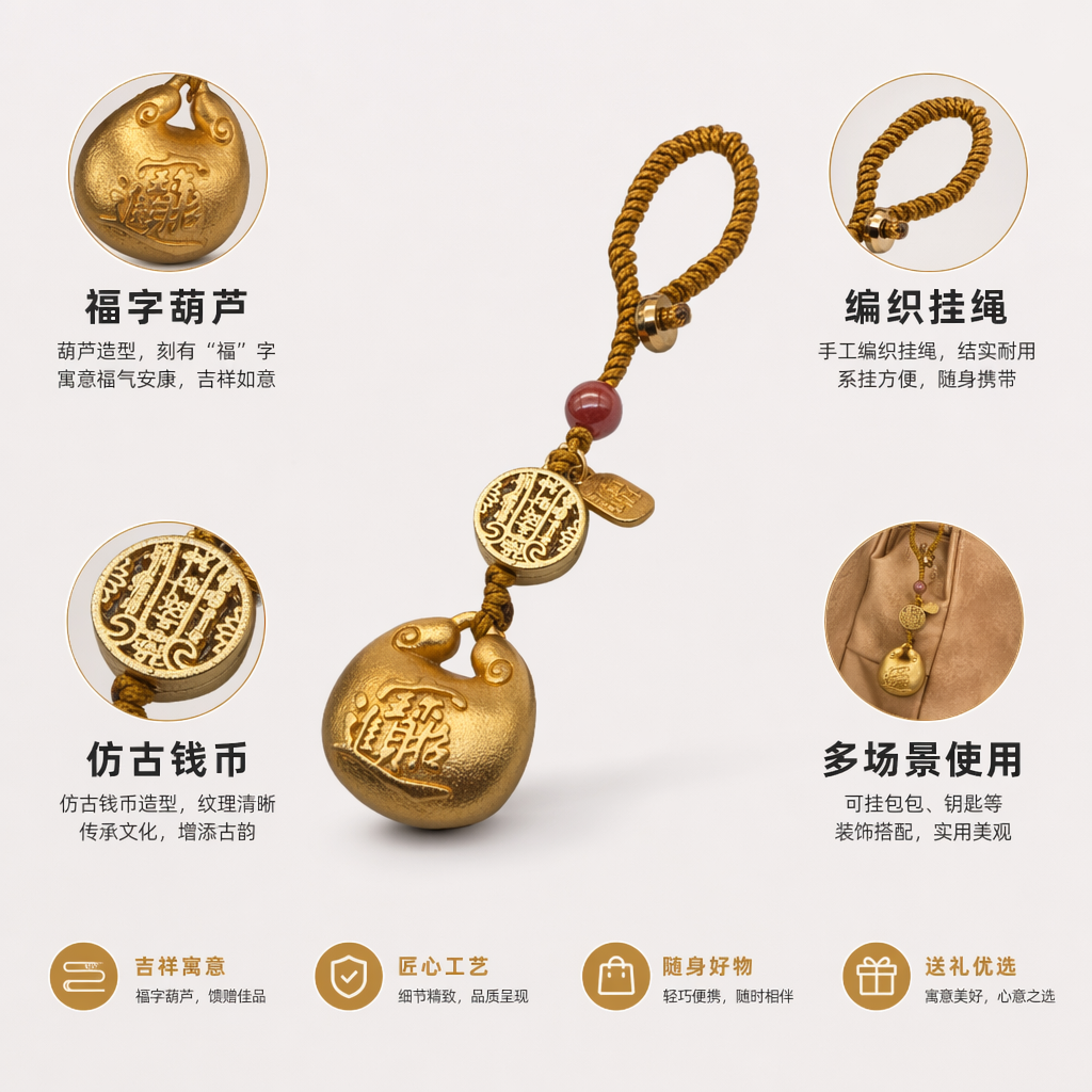 金色福字挂件配红珠绳结白色盘装