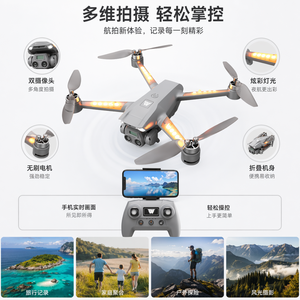 The grey drone is equipped with orange lighting effects, a camera, a remote control and a mobile phone display screen