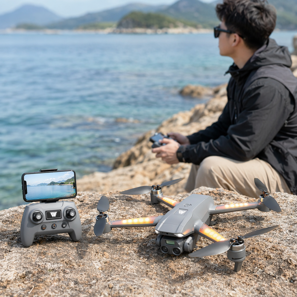 The grey drone is equipped with orange lighting effects, a camera, a remote control and a mobile phone display screen details Picture