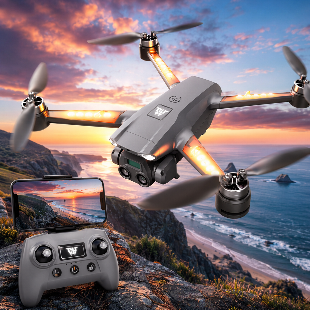The grey drone is equipped with orange lighting effects, a camera, a remote control and a mobile phone display screen Specification image