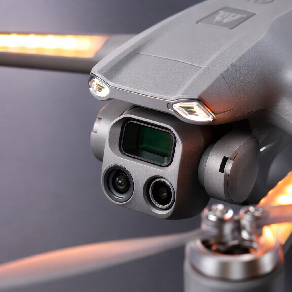 The grey drone is equipped with orange lighting effects, a camera, a remote control and a mobile phone display screen Application Scenario