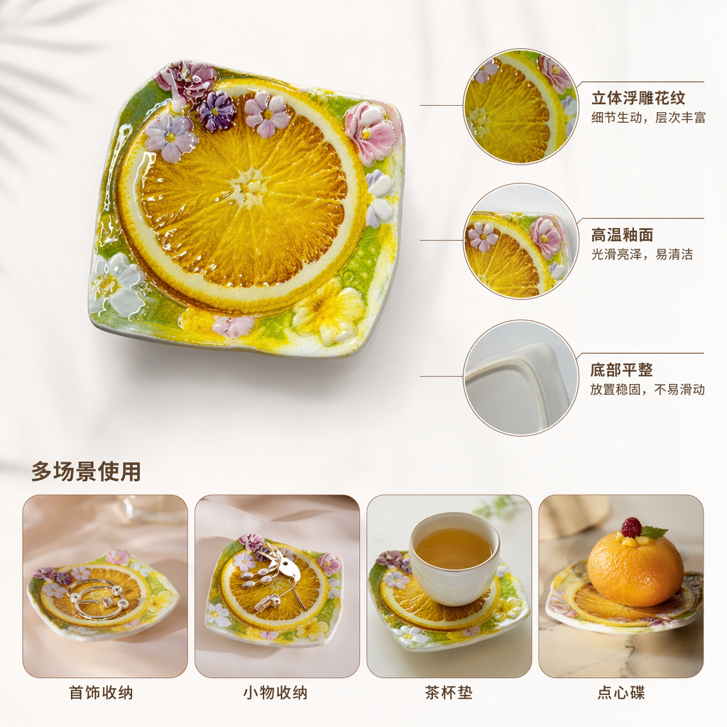 彩色橙子图案陶瓷小碟子 家用甜品盘 果盘 装饰碟