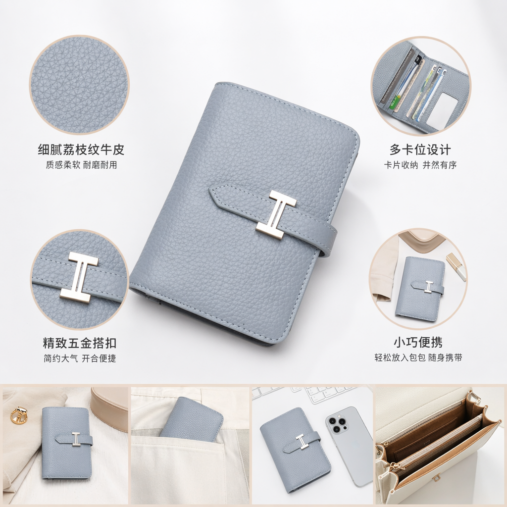A light grey textured leather wallet with a silver H-shaped metal clasp